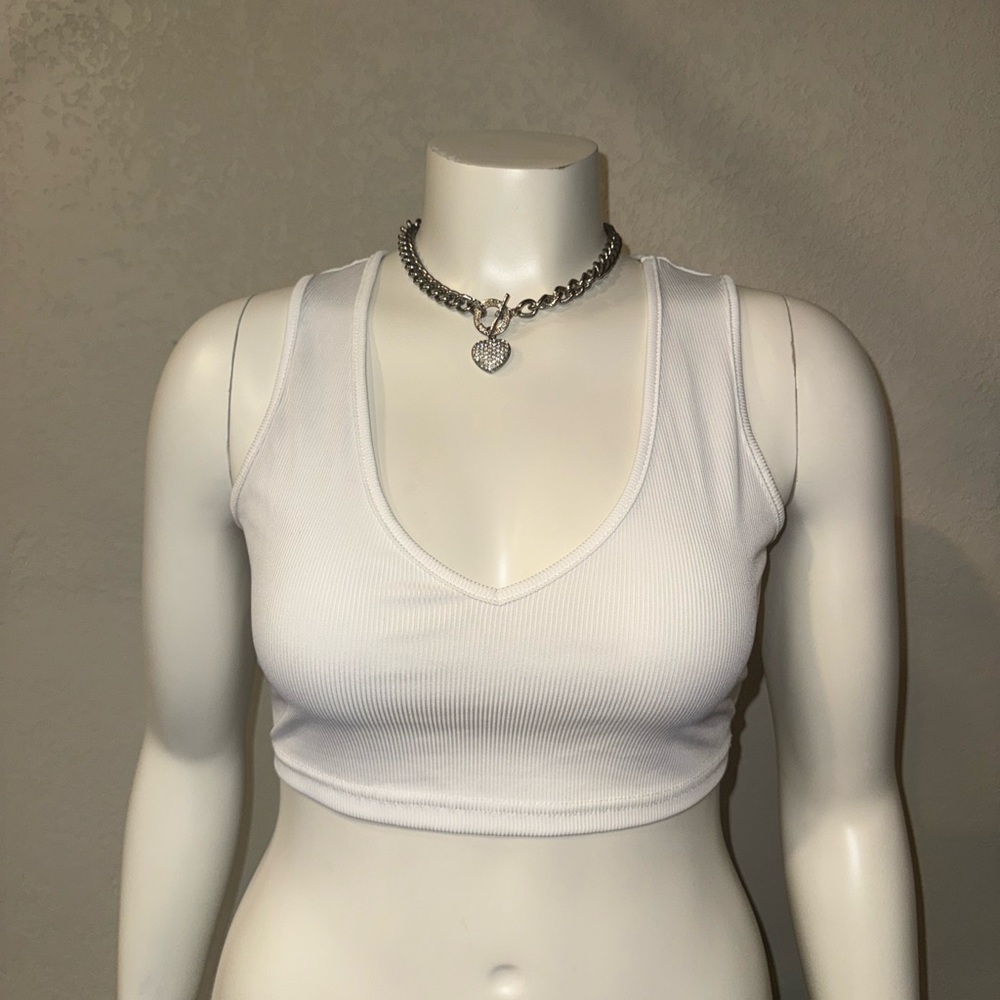 SHEIN White Ribbed V-Neck Tank Top